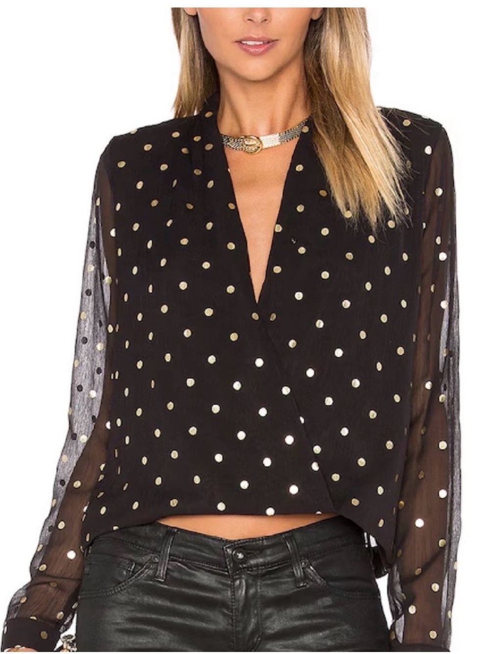 Lovers + Friends Black Sheer Blouse with Gold Polka Dots
